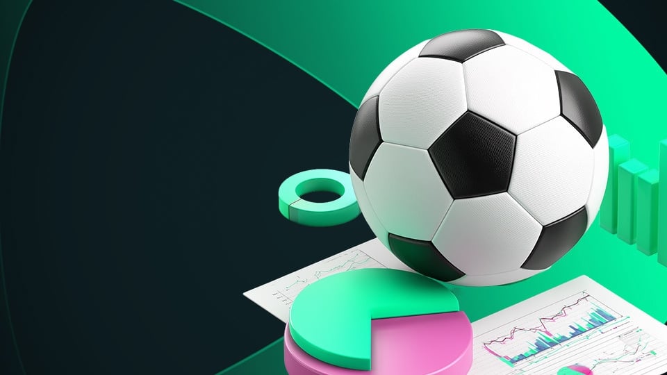 Balón de fútbol y símbolos estadísticos.